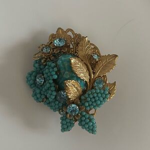 Miriam Haskell Vintage Gold Tone Metal/Faux Turquoise Bouquet Brooch